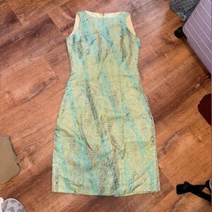 Vintage 90s Oscar de La Renta Teal Floral Sheath Dress